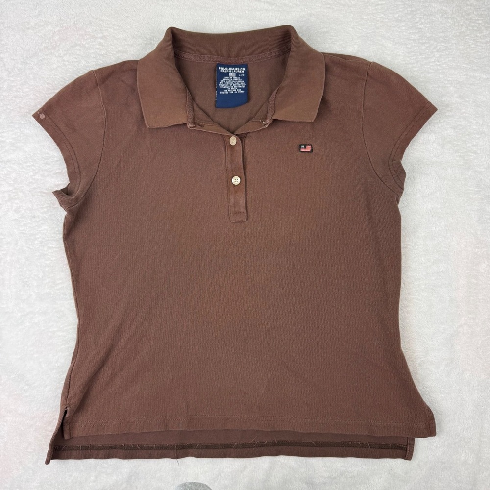 Polo Jeans Co Ralph Lauren Womens Brown Cap Sleeve Polo Shirt‎ Size L Flag Logo